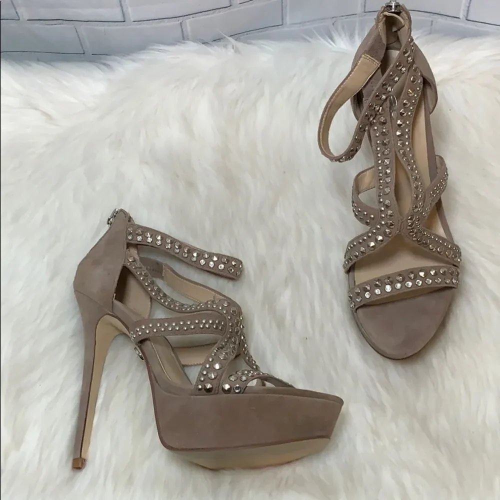 Bebe Tan Suede‎ Studded Platform Stilettos Size 9